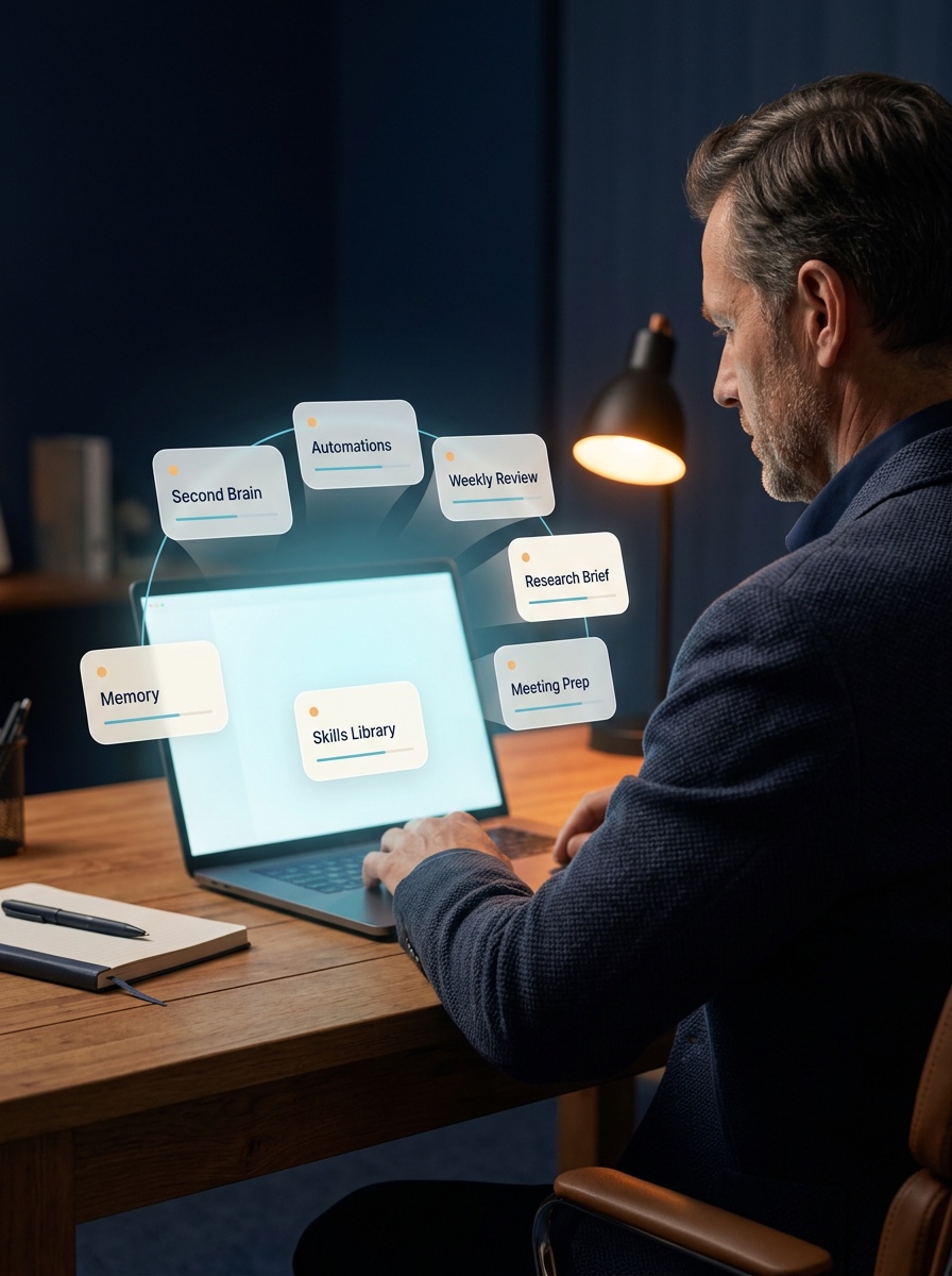 A founding member working with their personal AI Chief of Staff: Second Brain, Skills Library, Memory, Automations, and reusable workflows for weekly review, research and meeting prep.
